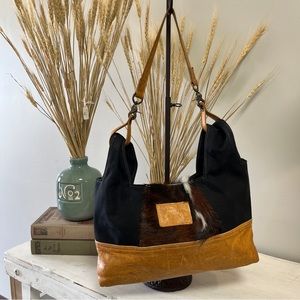 Canoe Brand Womens Black Canvas Leather and Hide Shoulder Bag Purse